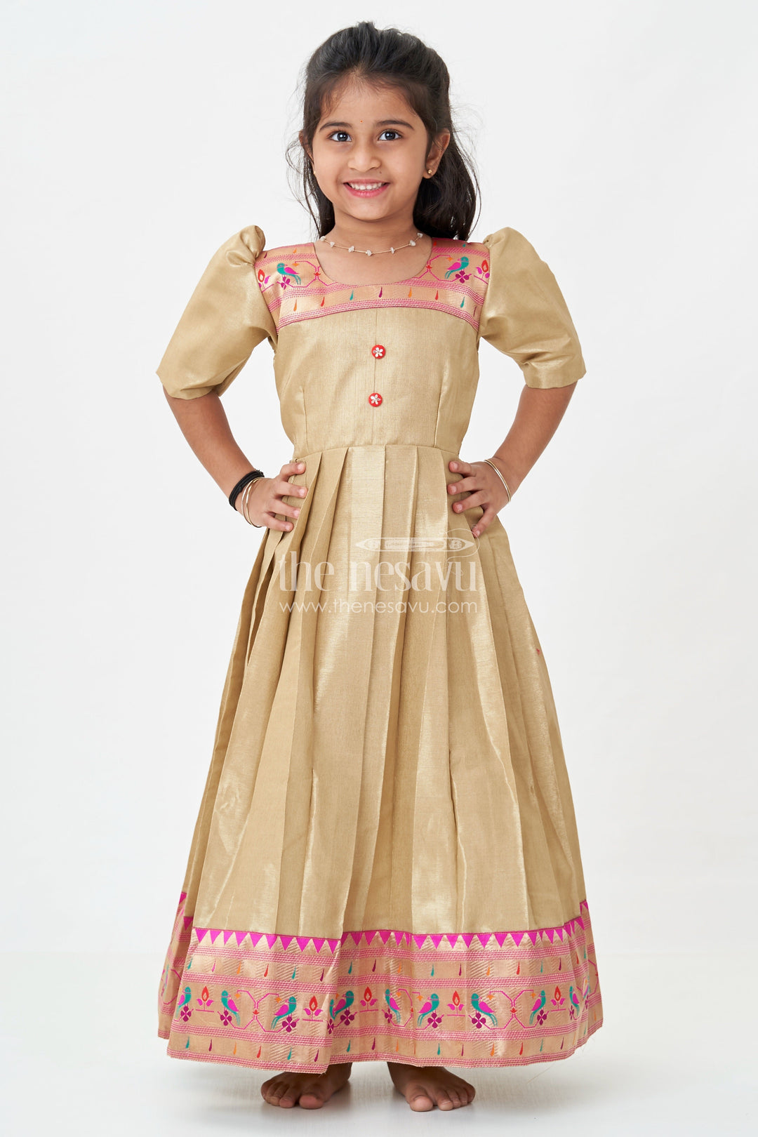The Nesavu Girls Silk Gown Girls Anarkali Style Gown in Brown Tissue with Paithani Border and Structured Pleats Nesavu 20 (3Y) / Yellow GA324A-20 Girls Anarkali Style Gown Brown Tissue Silk Paithani Border Puff Sleeves | The Nesavu