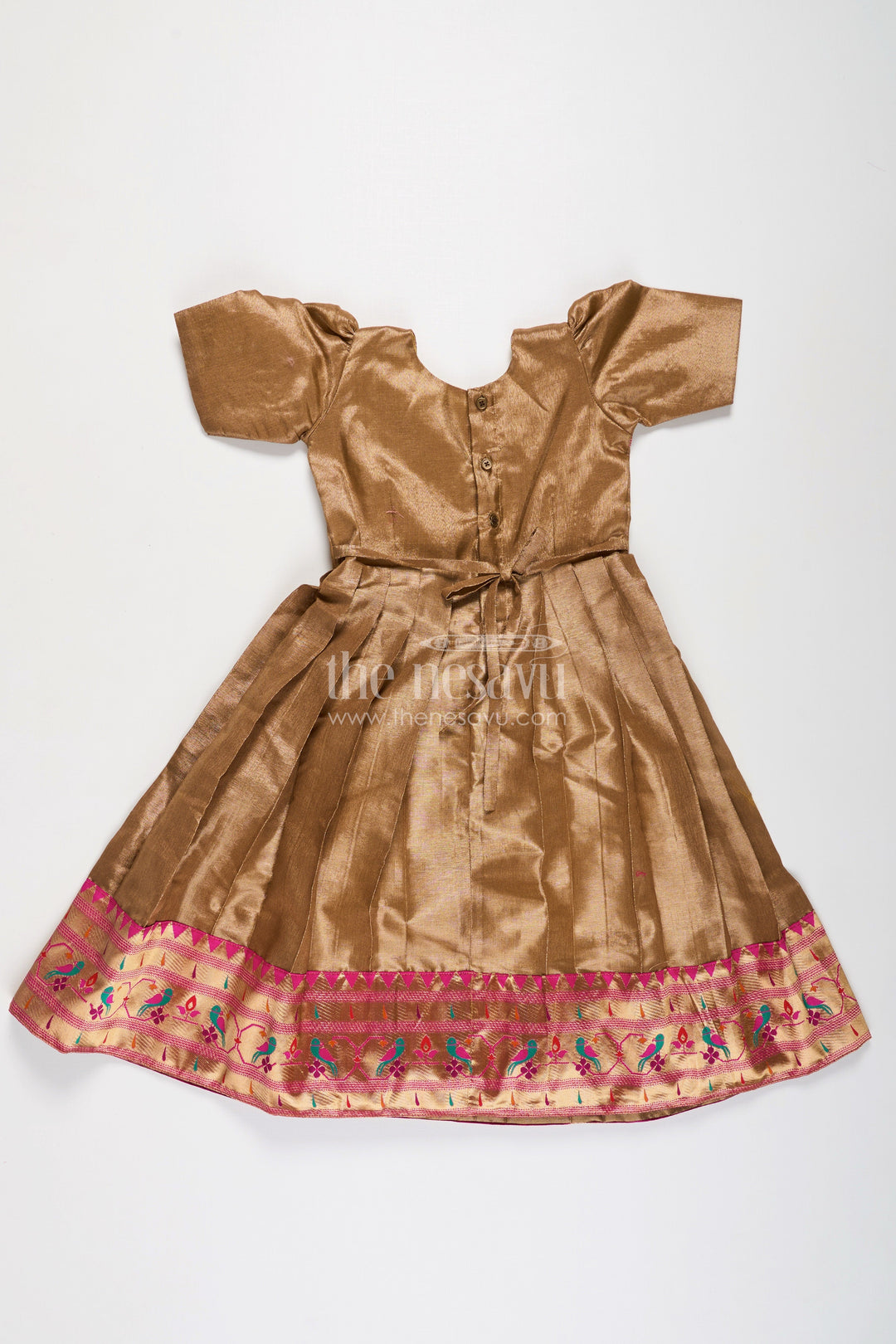 The Nesavu Girls Silk Gown Girls Anarkali Style Gown in Brown Tissue with Paithani Border and Structured Pleats Nesavu Girls Anarkali Style Gown Brown Tissue Silk Paithani Border Puff Sleeves | The Nesavu
