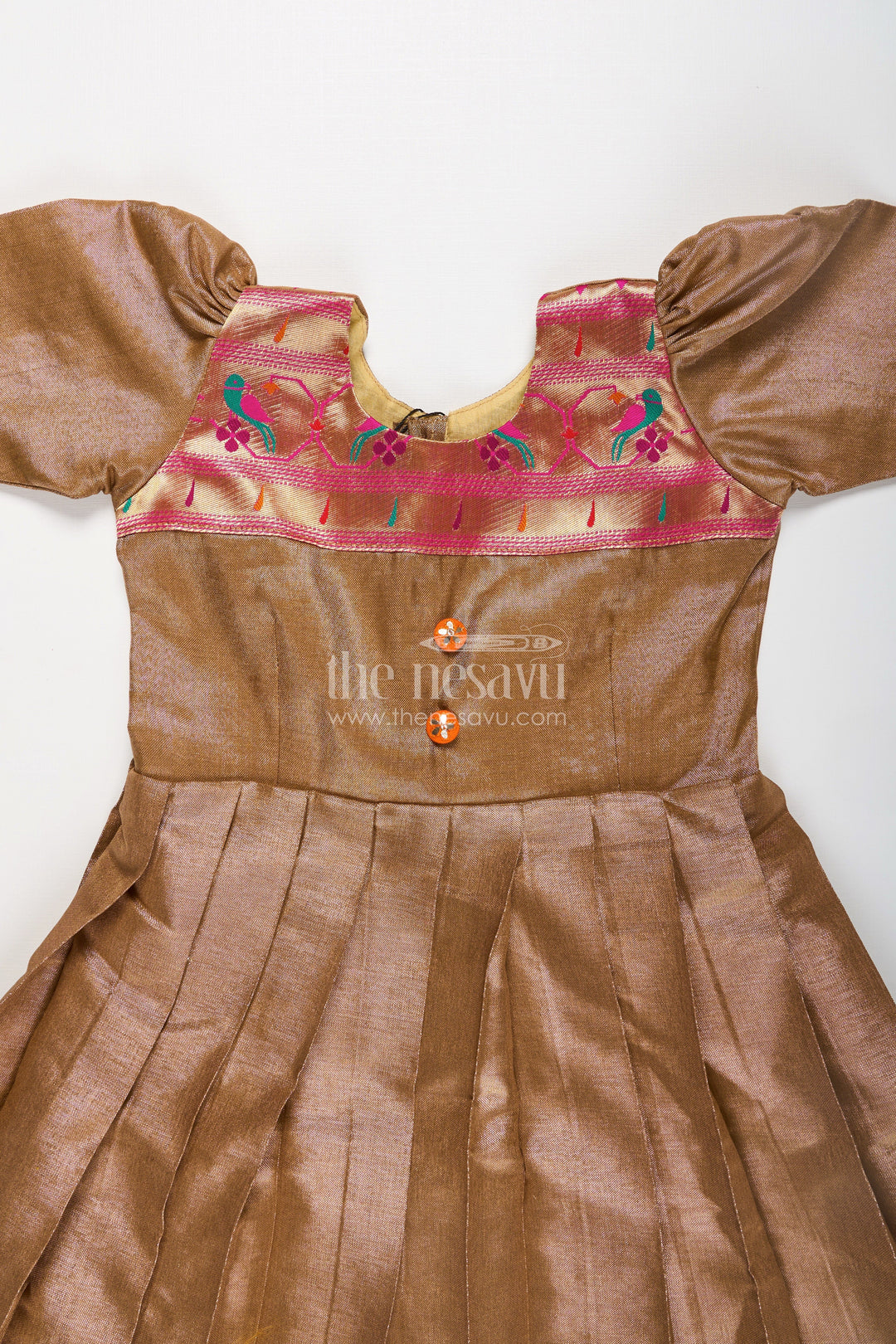 The Nesavu Girls Silk Gown Girls Anarkali Style Gown in Brown Tissue with Paithani Border and Structured Pleats Nesavu Girls Anarkali Style Gown Brown Tissue Silk Paithani Border Puff Sleeves | The Nesavu