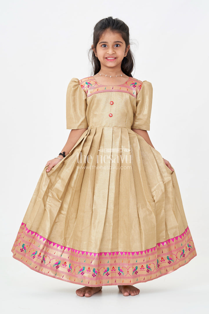 The Nesavu Girls Silk Gown Girls Anarkali Style Gown in Brown Tissue with Paithani Border and Structured Pleats Nesavu Girls Anarkali Style Gown Brown Tissue Silk Paithani Border Puff Sleeves | The Nesavu