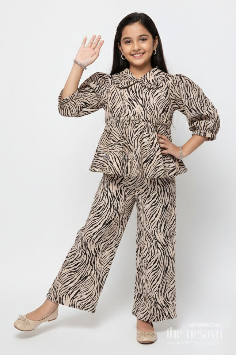 The Nesavu Girls Co-Ord Sets Girls Animal Print Co-Ord Set for Festive Wear and Fashion Outings Nesavu 22 (4Y) / Black GPS908A-22 Nesavu girls animal print co-ord set balloon sleeves peplum top festive outings