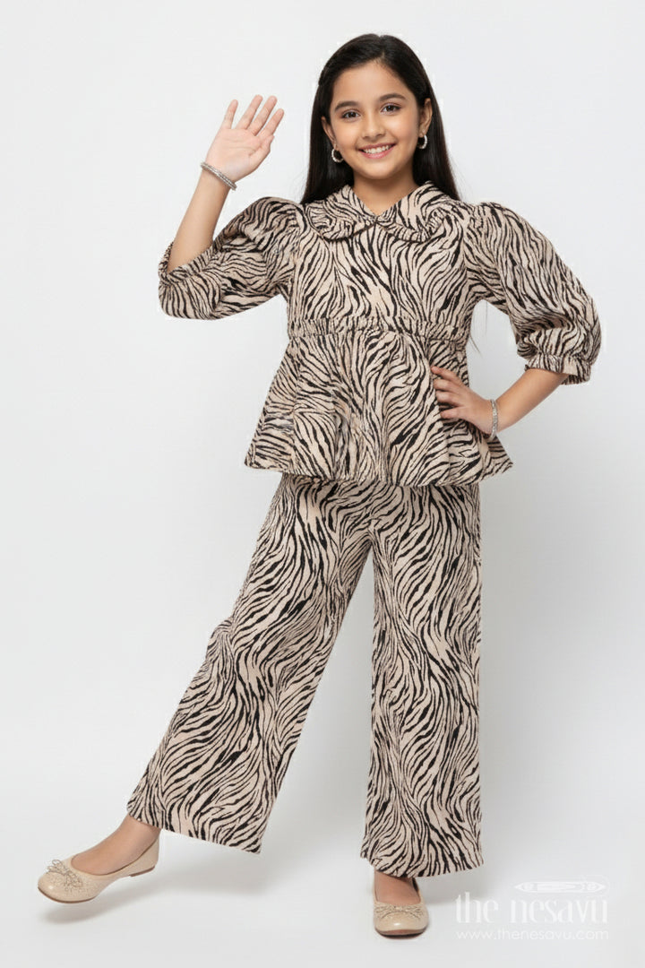 The Nesavu Girls Co-Ord Sets Girls Animal Print Co-Ord Set for Festive Wear and Fashion Outings Nesavu 22 (4Y) / Black GPS908A-22 Nesavu girls animal print co-ord set balloon sleeves peplum top festive outings