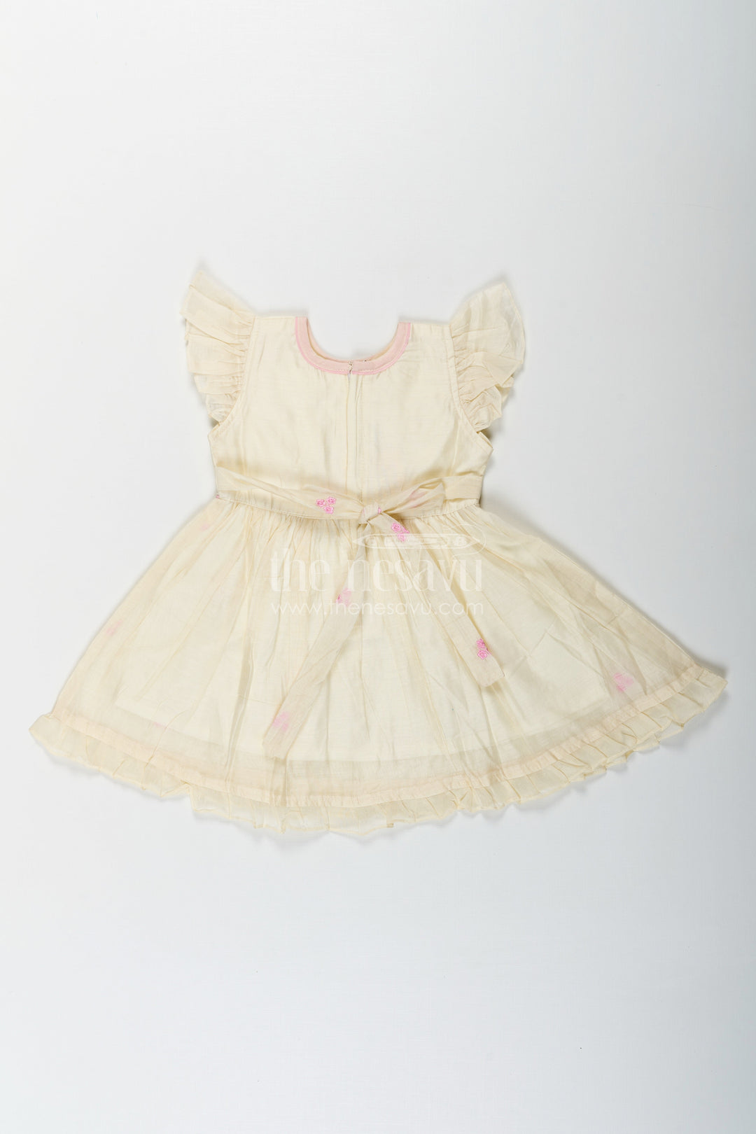 The Nesavu Girls Chanderi Frock Girls Animal Print Ruffle Dress in Chanderi with Thread Embroidery and Pink Floral Accents Nesavu Girls Animal Print Ruffle Dress Chanderi Bunny Motif Floral Embroidery | The Nesavu