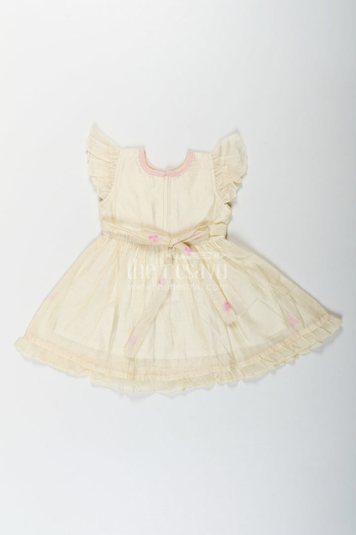 The Nesavu Girls Chanderi Frock Girls Animal Print Ruffle Dress in Chanderi with Thread Embroidery and Pink Floral Accents Nesavu Girls Animal Print Ruffle Dress Chanderi Bunny Motif Floral Embroidery | The Nesavu