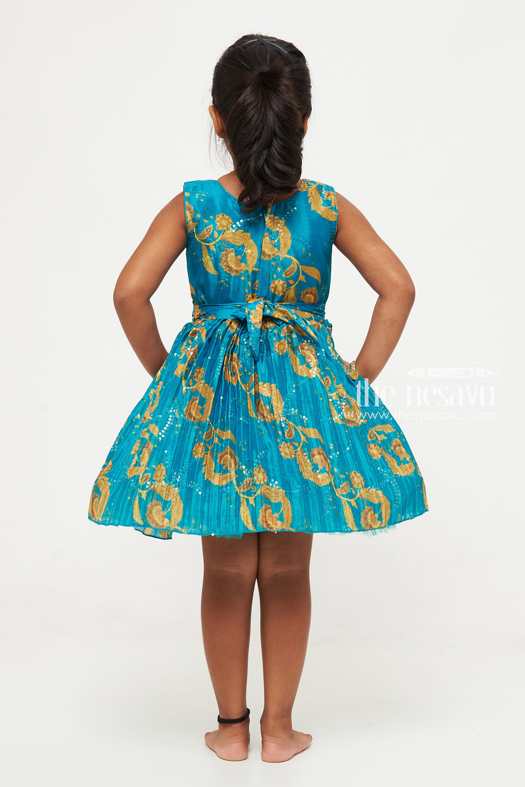 The Nesavu Silk Party Frock Girls Aqua Blue Silk Frock with Golden Floral Embellishments Nesavu Elegant Aqua Blue Silk Frock for Girls | Festive Wear with Floral Design | The Nesavu