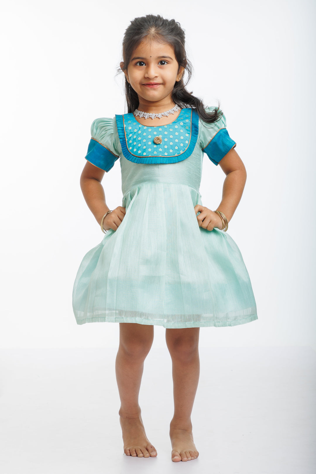 The Nesavu Silk Frock Girls Aqua Elegance Pattu Silk Frock - Traditional Elegance with a Modern Touch Nesavu Aqua Pattu Silk Frocks for Kids | Traditional Banarsi Gowns | The Nesavu