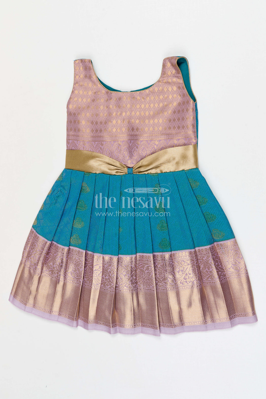 The Nesavu Girls Kanchi Silk Frock Girls Arani Silk Frock for Traditional Weddings and Functions Nesavu 10 (NB) / Blue / Style 2 KSF027AB-10 Nesavu Girls Semi Arani Kanchivaram Silk Frock For Weddings Traditional Functions And Festive Wear