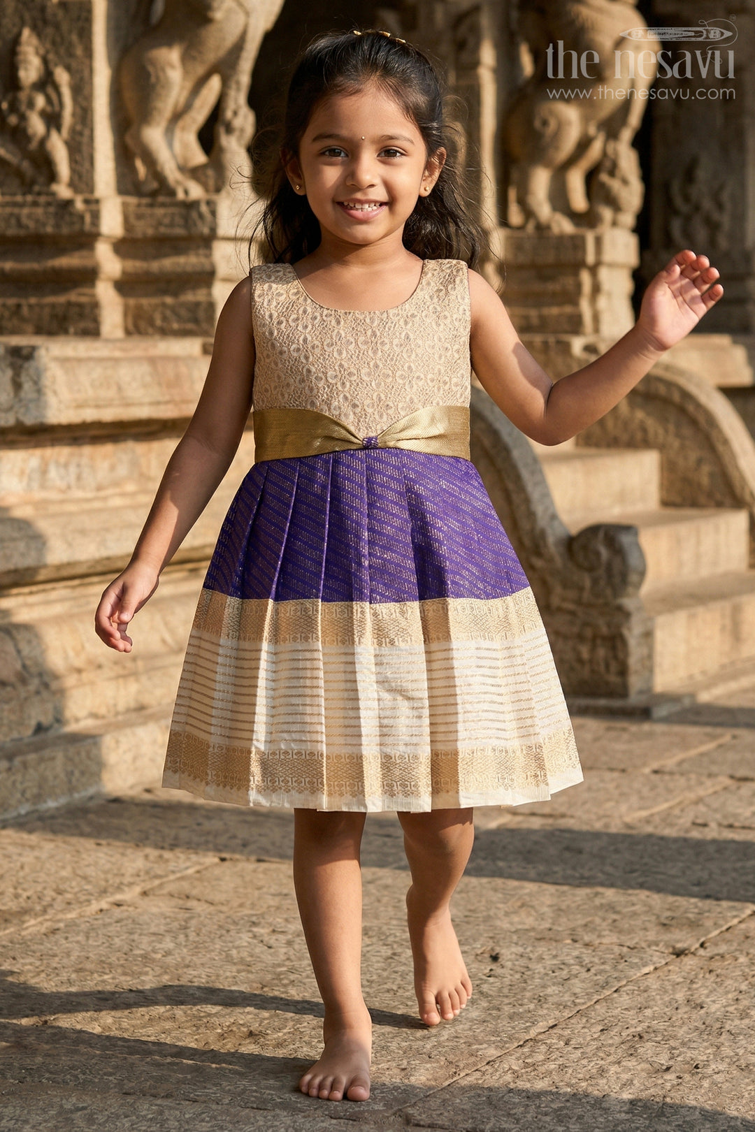 The Nesavu Girls Kanchi Silk Frock Girls Arani Silk Frock for Weddings and Festive Occasions Nesavu 10 (NB) / Blue / Style 1 KSF028CA-10 Nesavu Girls Semi Arani Kanchivaram Silk Frock For Weddings Receptions And Festive Celebrations