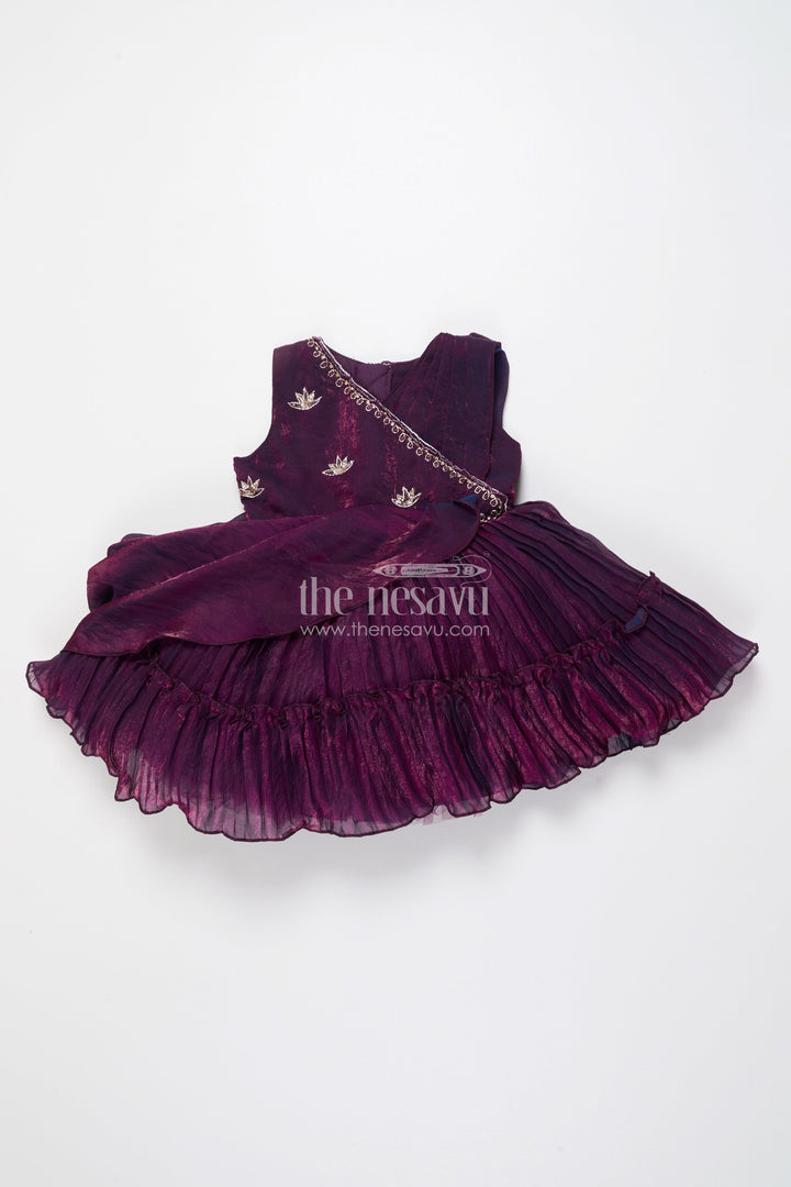 The Nesavu Girls Fancy Party Frock Girls Asymmetric Glaze Organza Frock with Floral Shoulder Detail Festive Occasion Wear Nesavu 16 (1Y) / Purple SF1081B-16 Nesavu glaze organza girls party frock pleats shoulder flower bow