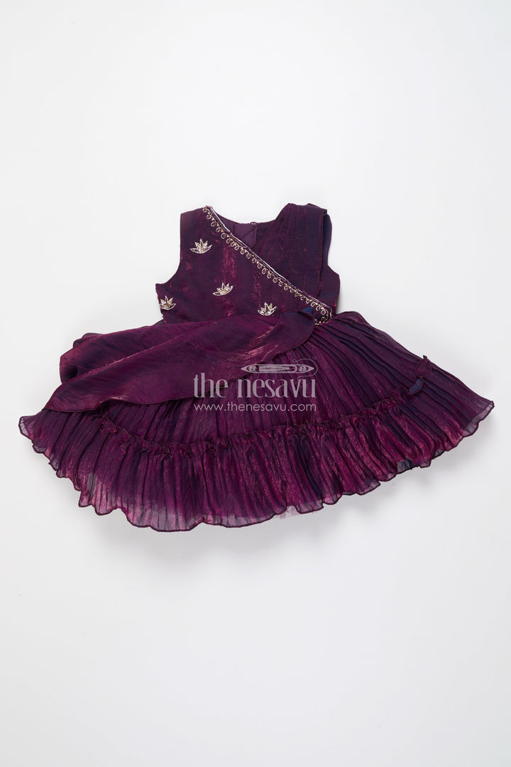 The Nesavu Girls Fancy Party Frock Girls Asymmetric Glaze Organza Frock with Floral Shoulder Detail Festive Occasion Wear Nesavu Nesavu glaze organza girls party frock pleats shoulder flower bow