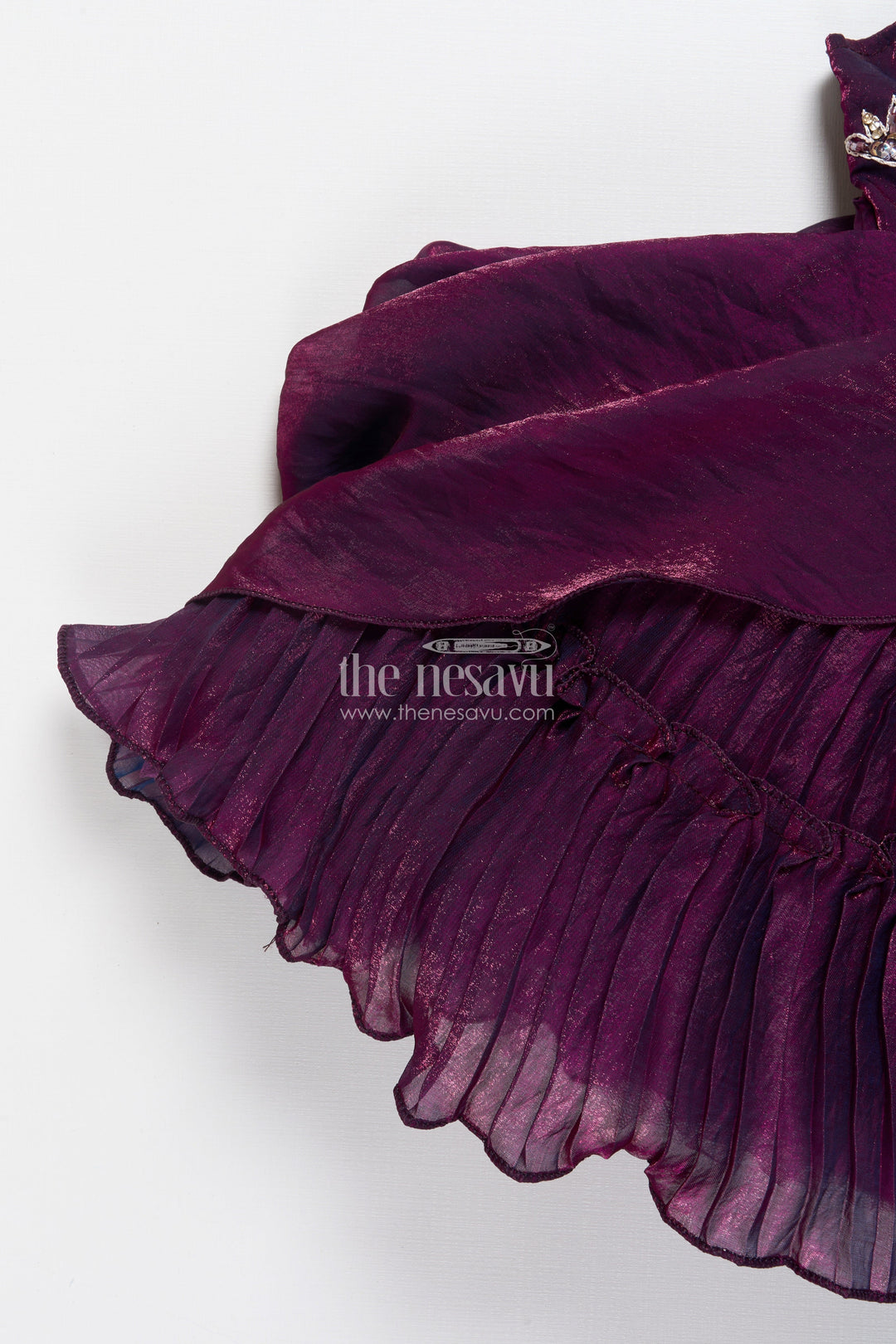 The Nesavu Girls Fancy Party Frock Girls Asymmetric Glaze Organza Frock with Floral Shoulder Detail Festive Occasion Wear Nesavu Nesavu glaze organza girls party frock pleats shoulder flower bow