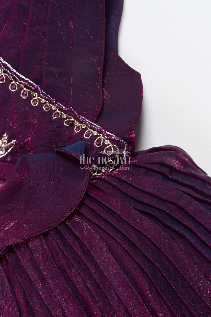 The Nesavu Girls Fancy Party Frock Girls Asymmetric Glaze Organza Frock with Floral Shoulder Detail Festive Occasion Wear Nesavu Nesavu glaze organza girls party frock pleats shoulder flower bow