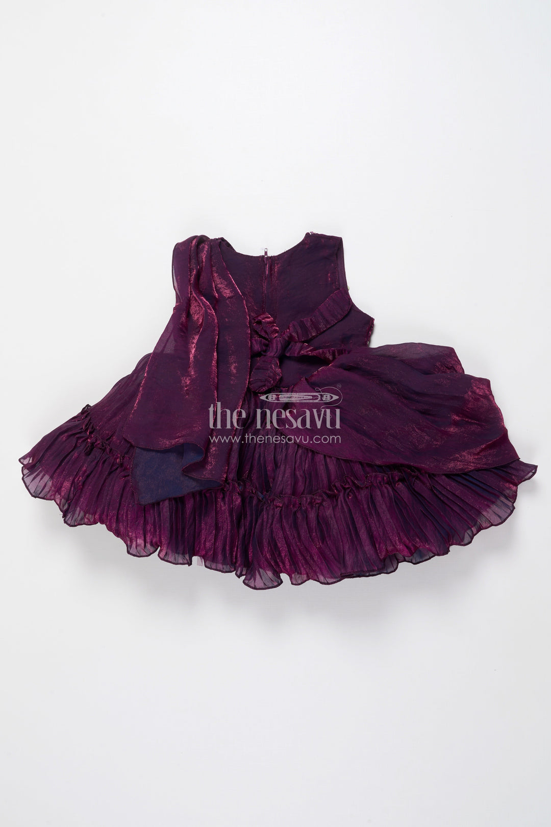 The Nesavu Girls Fancy Party Frock Girls Asymmetric Glaze Organza Frock with Floral Shoulder Detail Festive Occasion Wear Nesavu Nesavu glaze organza girls party frock pleats shoulder flower bow