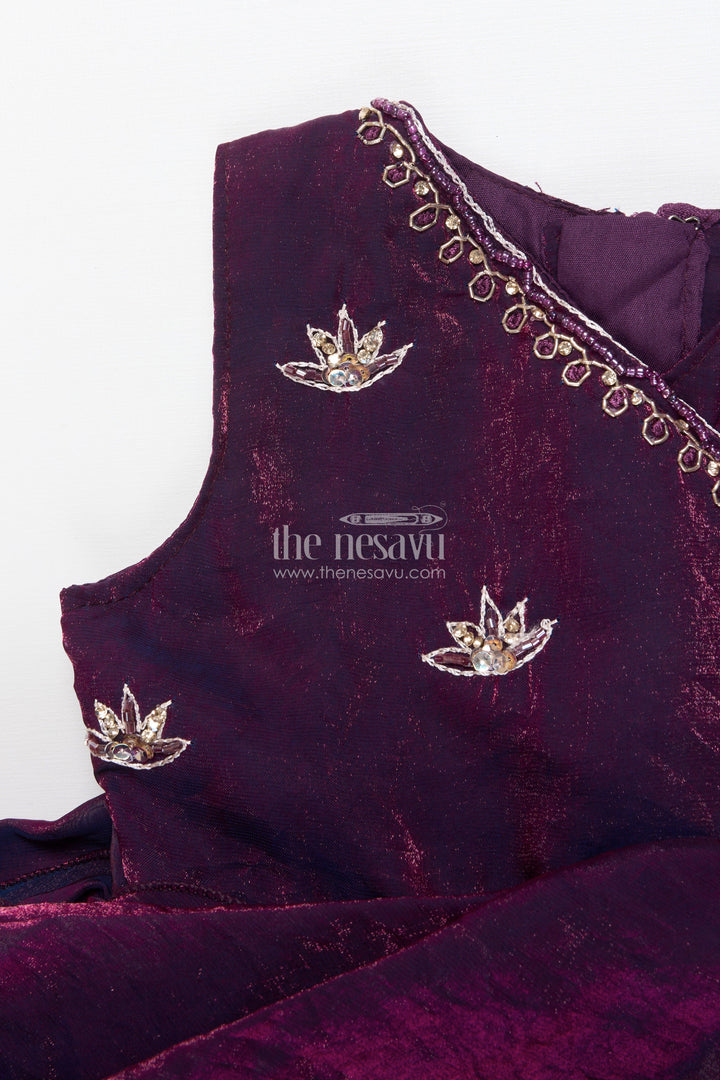 The Nesavu Girls Fancy Party Frock Girls Asymmetric Glaze Organza Frock with Floral Shoulder Detail Festive Occasion Wear Nesavu Nesavu glaze organza girls party frock pleats shoulder flower bow