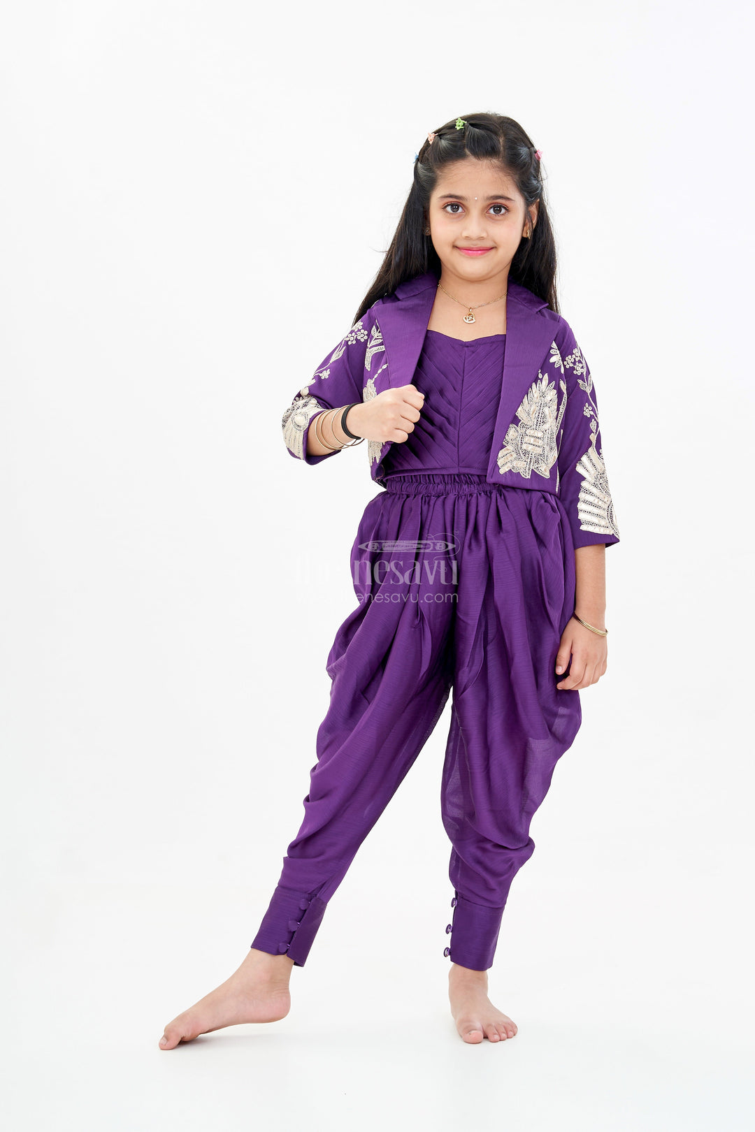 The Nesavu Girls Dothi Sets Girls Attire Dress Traditional with Designer Embroidered Jacket and Dhoti Pants for a Stylish Ethnic Look Nesavu 24 (5Y) / Purple GPS540A-24 Girls Attire Dress Traditional Embroidered Jacket Stylish Dhoti Pants | The Nesavu