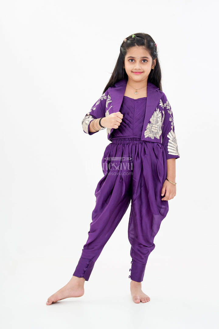 The Nesavu Girls Dothi Sets Girls Attire Dress Traditional with Designer Embroidered Jacket and Dhoti Pants for a Stylish Ethnic Look Nesavu 24 (5Y) / Purple GPS540A-24 Girls Attire Dress Traditional Embroidered Jacket Stylish Dhoti Pants | The Nesavu