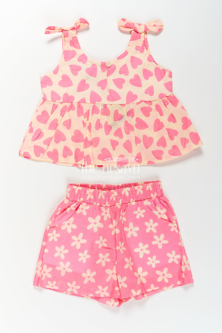 The Nesavu Baby Casual Sets Girls Baby Girl Dresses in Pink Cotton with Heart Print Top and Flower Print Shorts Two-Piece Set Nesavu 12 (3M) / Pink BFJ795B-12 Baby Girl Dresses Cotton Set Pink Heart Print Top Floral Shorts Cute Casual Wear | The Nesavu