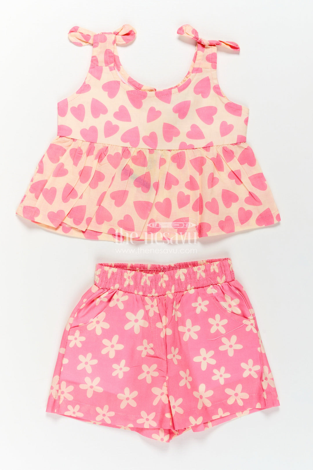 The Nesavu Baby Casual Sets Girls Baby Girl Dresses in Pink Cotton with Heart Print Top and Flower Print Shorts Two-Piece Set Nesavu Baby Girl Dresses Cotton Set Pink Heart Print Top Floral Shorts Cute Casual Wear | The Nesavu