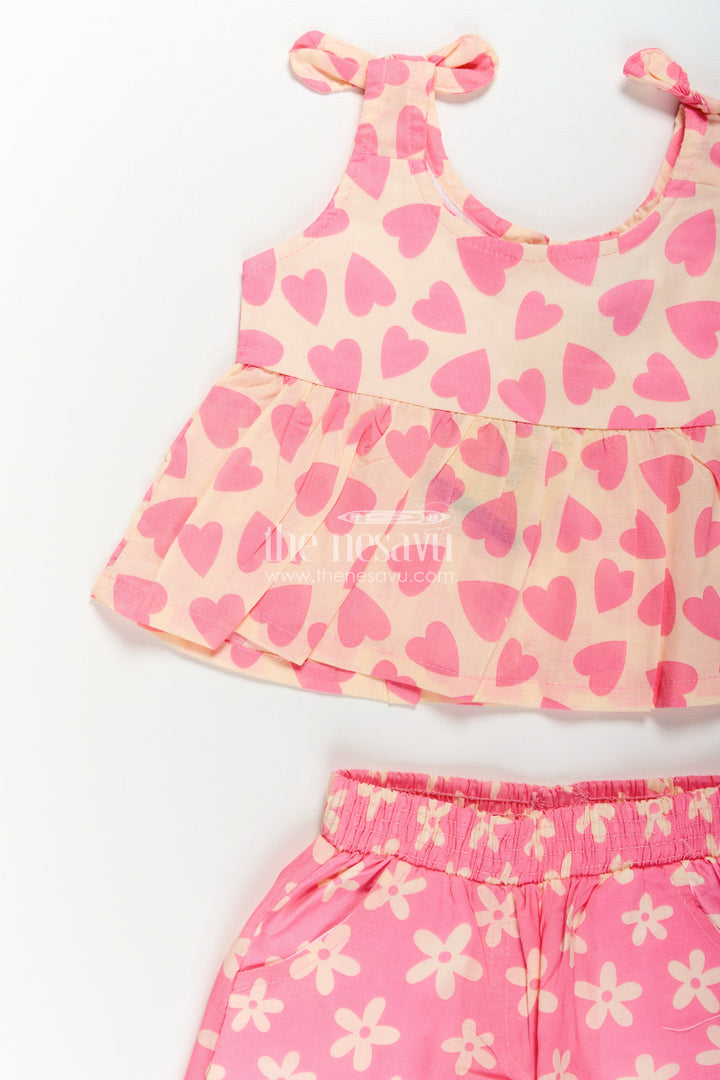The Nesavu Baby Casual Sets Girls Baby Girl Dresses in Pink Cotton with Heart Print Top and Flower Print Shorts Two-Piece Set Nesavu Baby Girl Dresses Cotton Set Pink Heart Print Top Floral Shorts Cute Casual Wear | The Nesavu