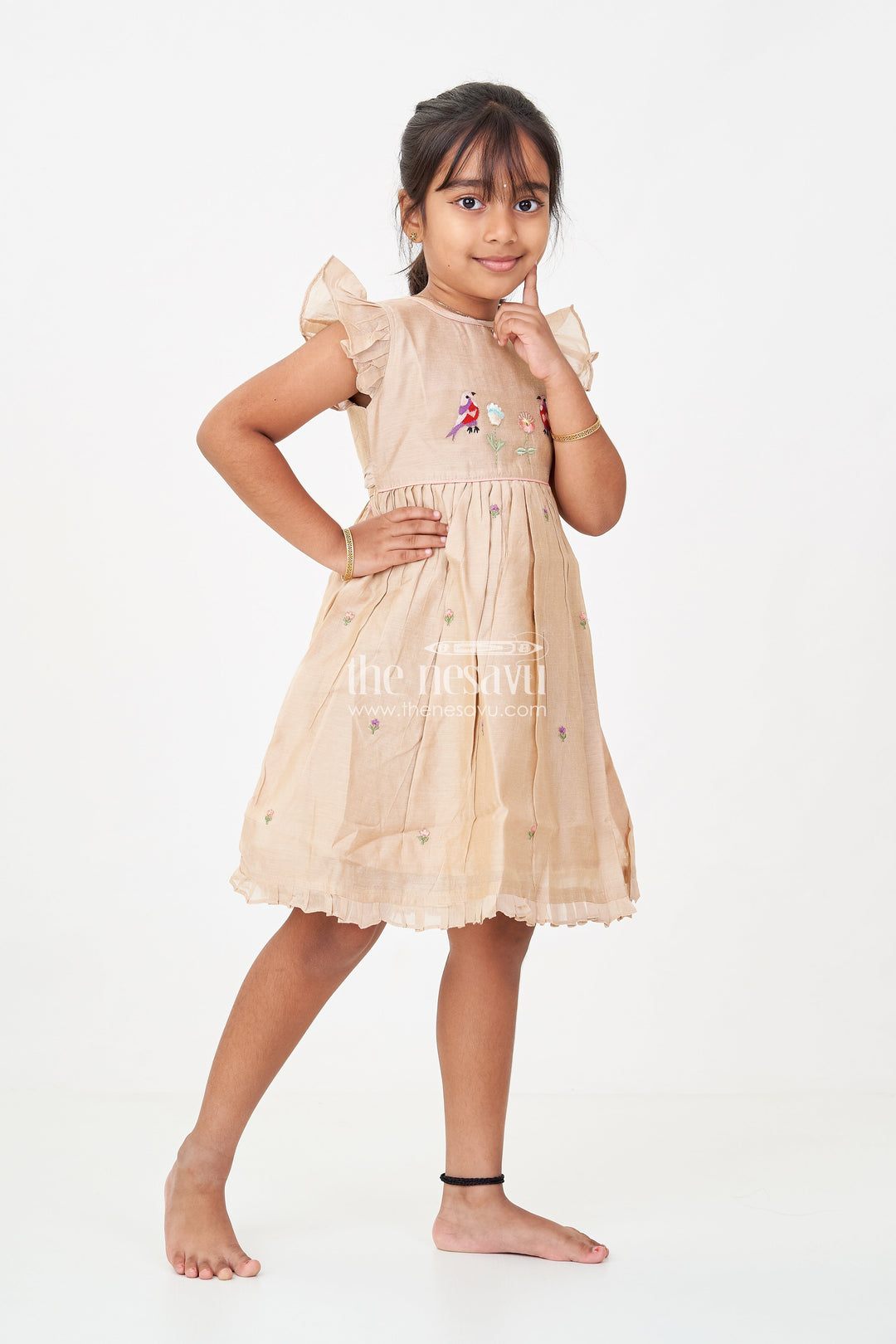 The Nesavu Girls Chanderi Frock Girls Baby Party Frock in Chanderi with Thread Embroidery and Frill Sleeves Nesavu 16 (1Y) / Beige GFC1686A-16 Girls Chanderi Baby Party Frock Embroidered Birds Frill Sleeves | The Nesavu