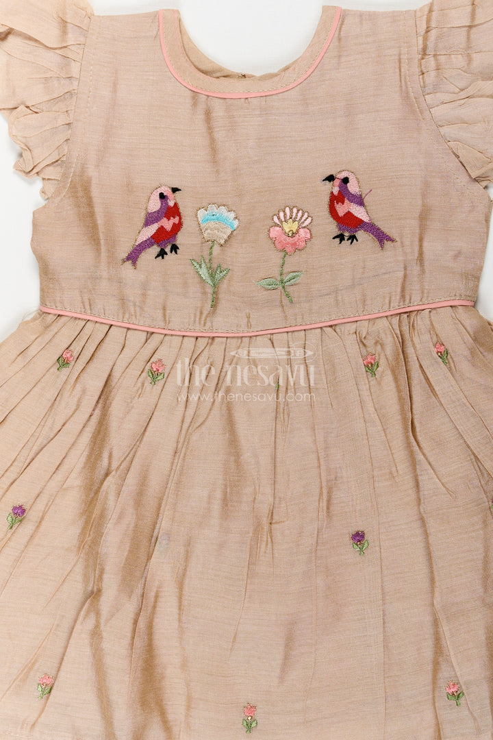 The Nesavu Girls Chanderi Frock Girls Baby Party Frock in Chanderi with Thread Embroidery and Frill Sleeves Nesavu Girls Chanderi Baby Party Frock Embroidered Birds Frill Sleeves | The Nesavu