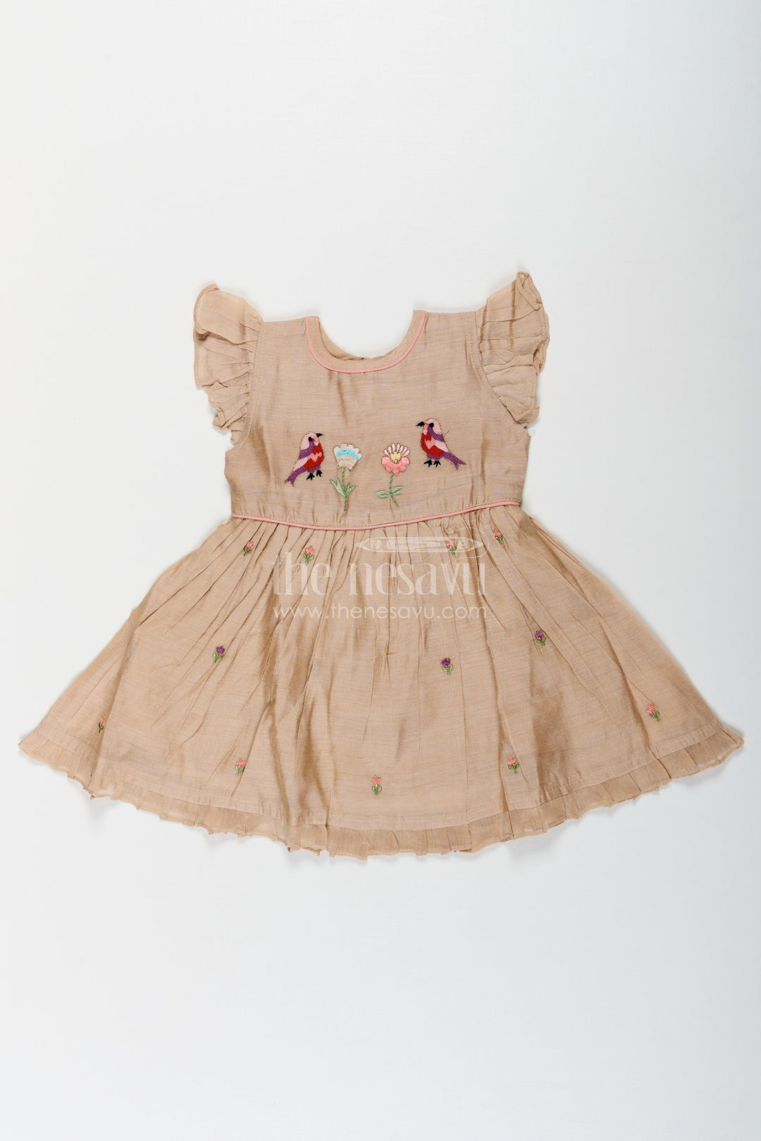 The Nesavu Girls Chanderi Frock Girls Baby Party Frock in Chanderi with Thread Embroidery and Frill Sleeves Nesavu Girls Chanderi Baby Party Frock Embroidered Birds Frill Sleeves | The Nesavu