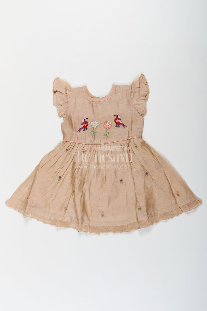 The Nesavu Girls Chanderi Frock Girls Baby Party Frock in Chanderi with Thread Embroidery and Frill Sleeves Nesavu Girls Chanderi Baby Party Frock Embroidered Birds Frill Sleeves | The Nesavu