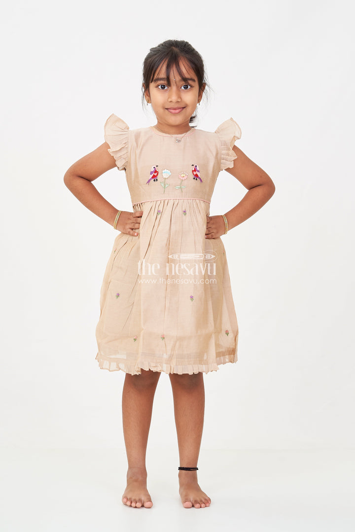 The Nesavu Girls Chanderi Frock Girls Baby Party Frock in Chanderi with Thread Embroidery and Frill Sleeves Nesavu Girls Chanderi Baby Party Frock Embroidered Birds Frill Sleeves | The Nesavu