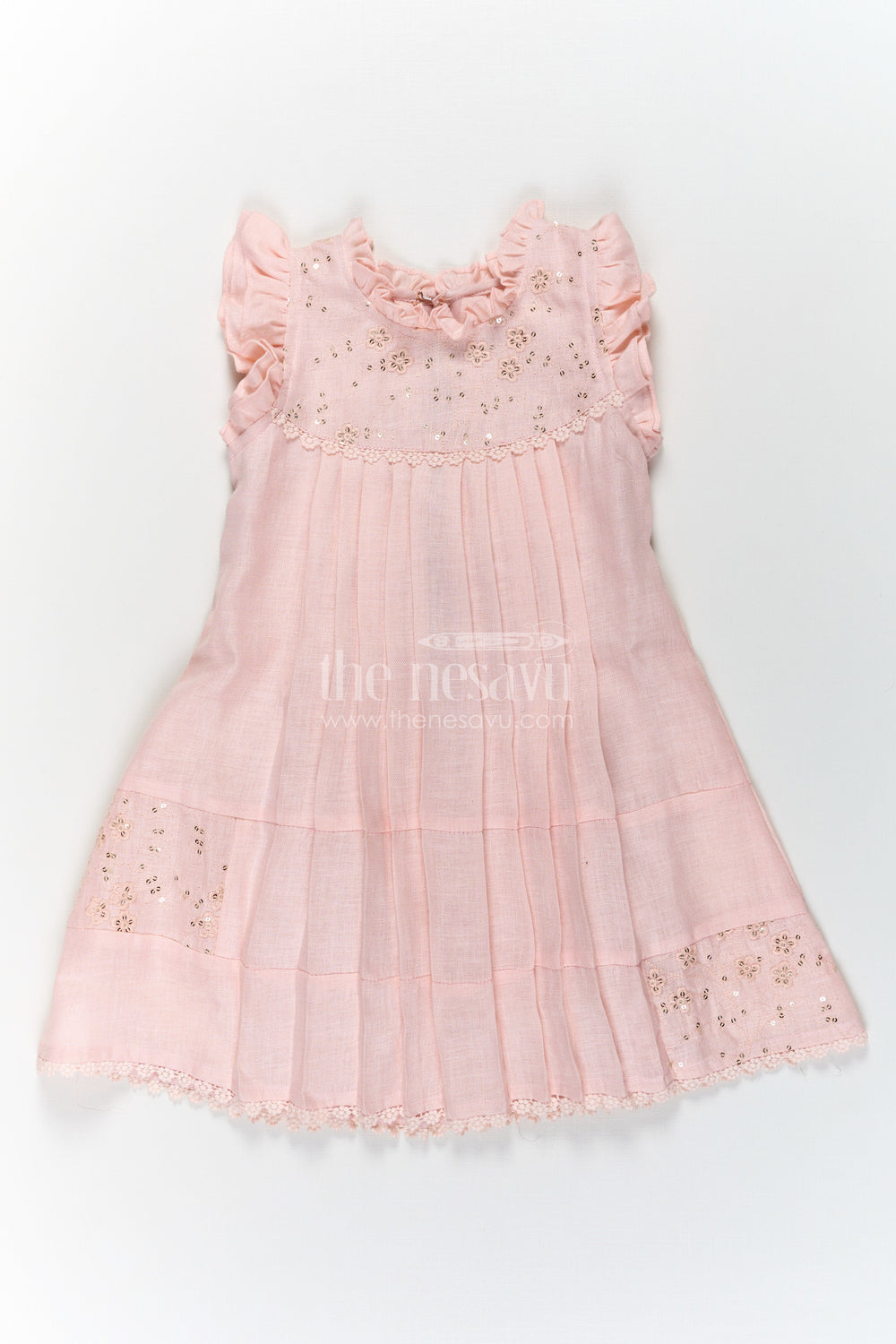 The Nesavu Girls Cotton Frock Girls bacchon ki cotton frock in Soft Flax Fabric with Embroidered Yoke and Delicate Frill Sleeves Nesavu Nesavu Girls bacchon ki cotton frock Flax Fabric Embroidered Yoke Soft Frills