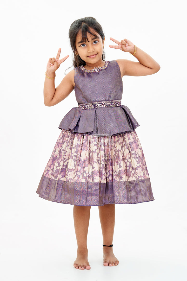 The Nesavu Silk Frock Girls Banaras silk frock with Digital Printed Jacquard and Layered Flared Skirt in Traditional Tones Nesavu 16 (1Y) / Purple SF968B-16 Nesavu Girls Banaras silk frock Digital Printed Jacquard Traditional Pleated Skirt