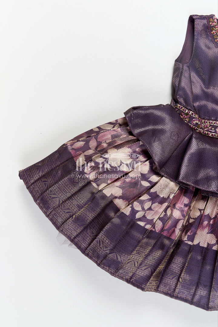 The Nesavu Silk Frock Girls Banaras silk frock with Digital Printed Jacquard and Layered Flared Skirt in Traditional Tones Nesavu Girls Banaras silk frock Digital Printed Jacquard Traditional Pleated Skirt | The Nesavu
