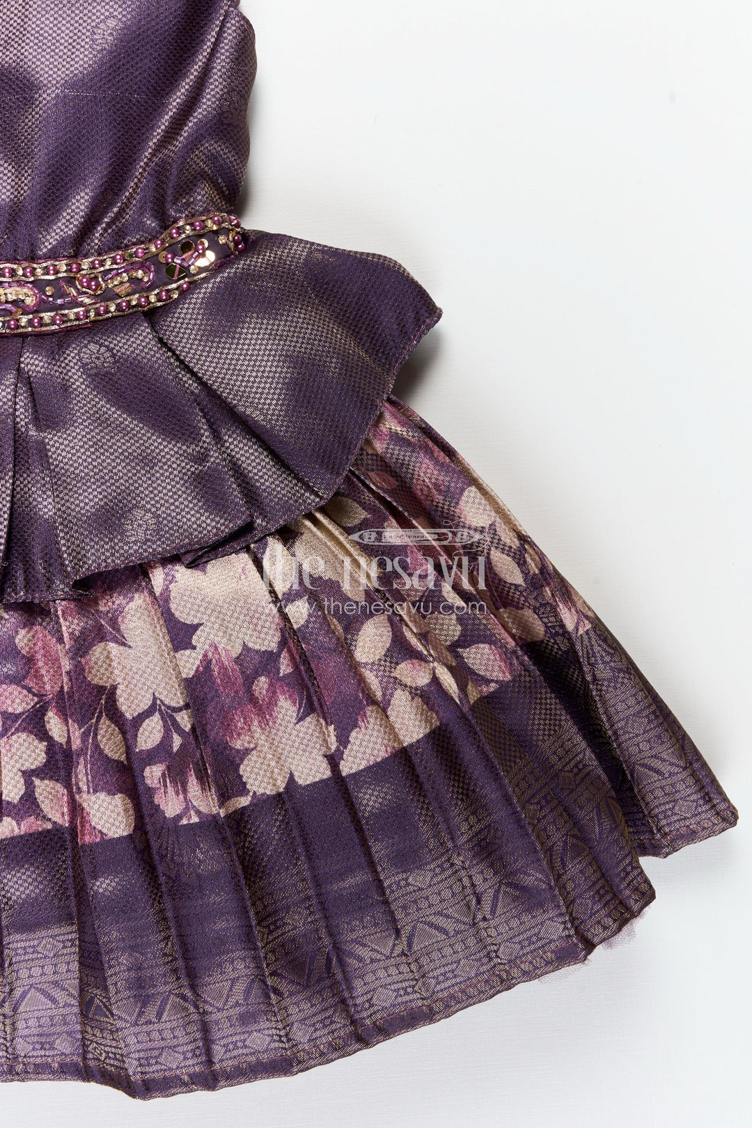 The Nesavu Silk Frock Girls Banaras silk frock with Digital Printed Jacquard and Layered Flared Skirt in Traditional Tones Nesavu Girls Banaras silk frock Digital Printed Jacquard Traditional Pleated Skirt | The Nesavu