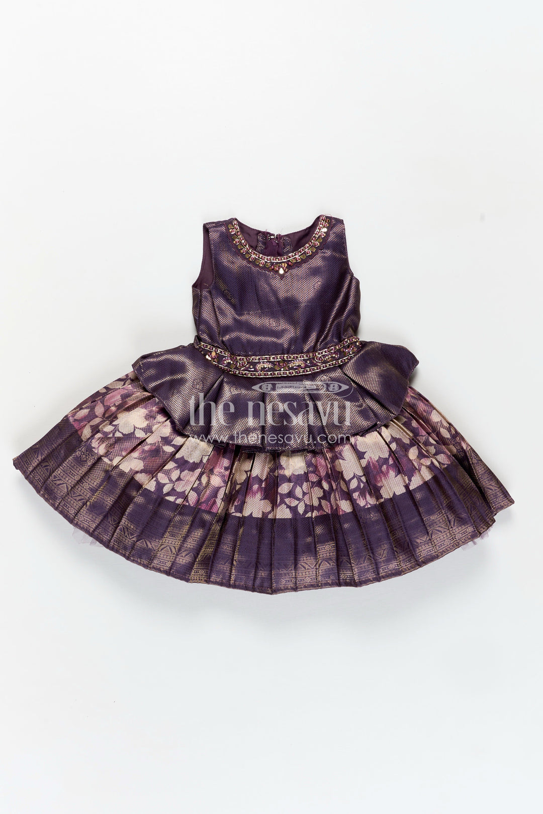 The Nesavu Silk Frock Girls Banaras silk frock with Digital Printed Jacquard and Layered Flared Skirt in Traditional Tones Nesavu Girls Banaras silk frock Digital Printed Jacquard Traditional Pleated Skirt | The Nesavu