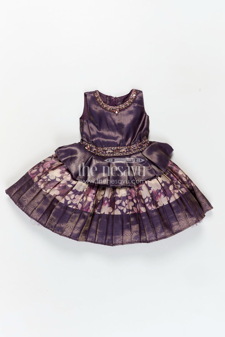 The Nesavu Silk Frock Girls Banaras silk frock with Digital Printed Jacquard and Layered Flared Skirt in Traditional Tones Nesavu Girls Banaras silk frock Digital Printed Jacquard Traditional Pleated Skirt | The Nesavu