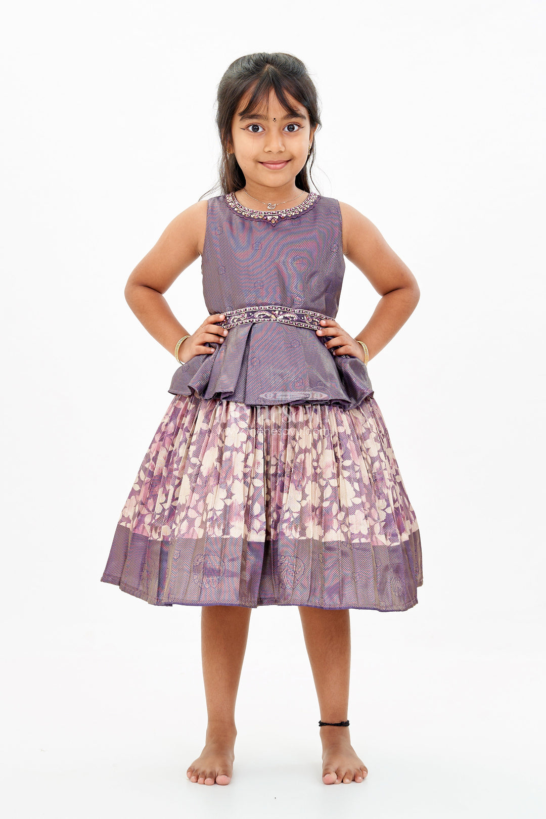 The Nesavu Silk Frock Girls Banaras silk frock with Digital Printed Jacquard and Layered Flared Skirt in Traditional Tones Nesavu Nesavu Girls Banaras silk frock Digital Printed Jacquard Traditional Pleated Skirt