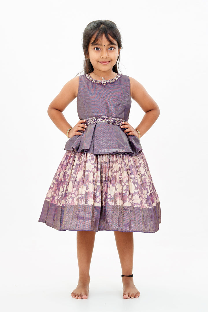 The Nesavu Silk Frock Girls Banaras silk frock with Digital Printed Jacquard and Layered Flared Skirt in Traditional Tones Nesavu Nesavu Girls Banaras silk frock Digital Printed Jacquard Traditional Pleated Skirt