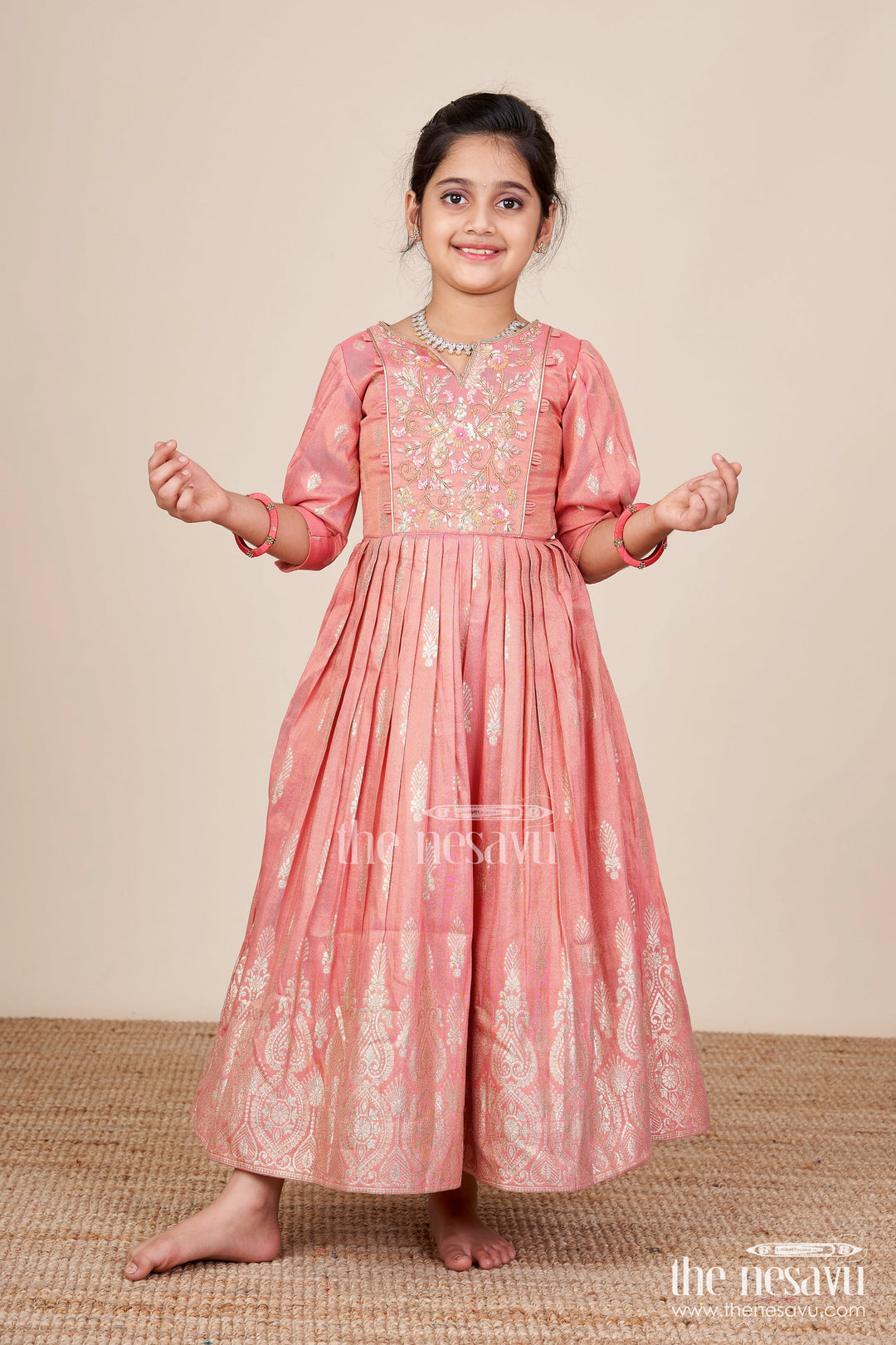 The Nesavu Girls Party Gown Girls Banarasi Casual Gown with Designer Yoke for Festive Family Moments Nesavu 20 (3Y) / Peach GA378A-20 Nesavu girls banarasi casual gown designer yoke ethnic wear festive gatherings