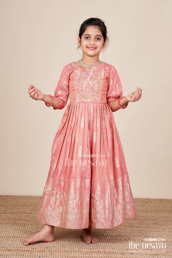 The Nesavu Girls Party Gown Girls Banarasi Casual Gown with Designer Yoke for Festive Family Moments Nesavu 20 (3Y) / Peach GA378A-20 Nesavu girls banarasi casual gown designer yoke ethnic wear festive gatherings