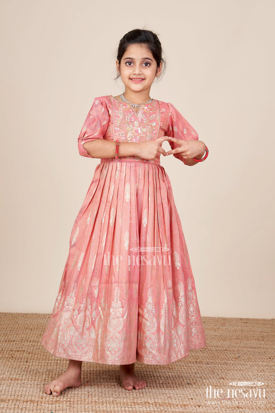 The Nesavu Girls Party Gown Girls Banarasi Casual Gown with Designer Yoke for Festive Family Moments Nesavu Nesavu girls banarasi casual gown designer yoke ethnic wear festive gatherings