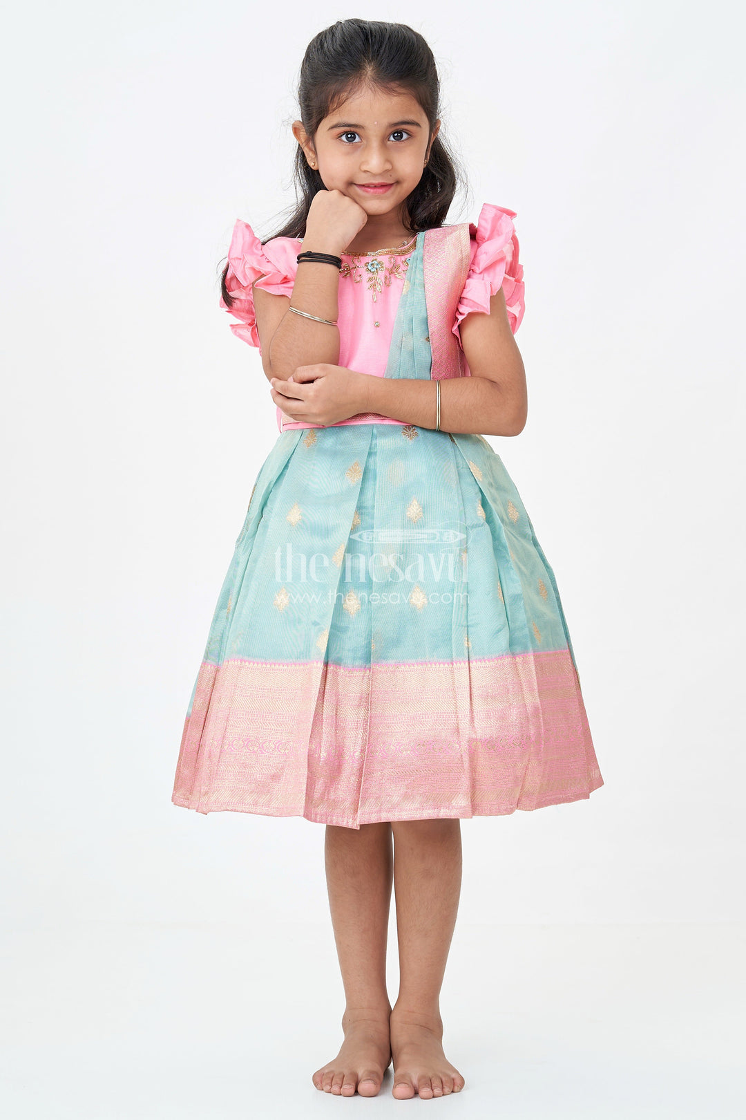 The Nesavu Silk Party Frock Girls Baptism Dresses in Pink and Teal with Gold Zari Pleats and Designer Neck Embroidery Nesavu Girls Silk Baptism Dresses Near Me Pink Teal Zari Pleated Skirt Embroidery | The Nesavu