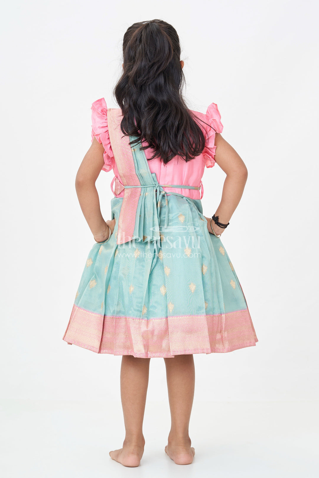The Nesavu Silk Party Frock Girls Baptism Dresses in Pink and Teal with Gold Zari Pleats and Designer Neck Embroidery Nesavu Girls Silk Baptism Dresses Near Me Pink Teal Zari Pleated Skirt Embroidery | The Nesavu