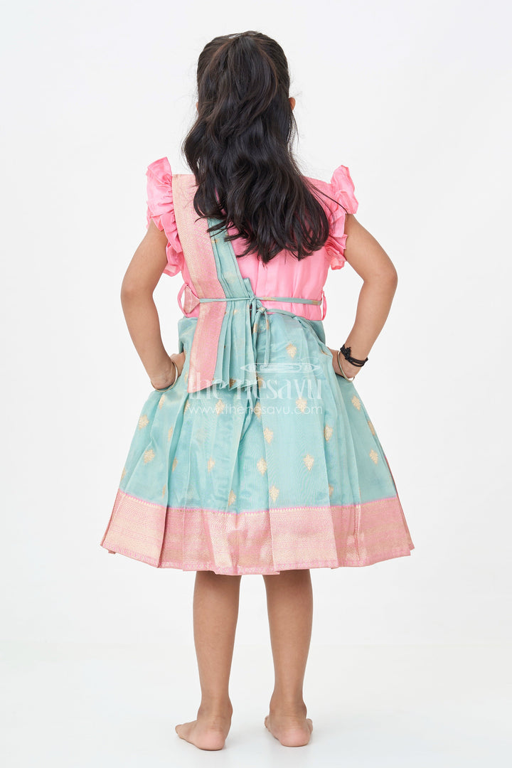 The Nesavu Silk Party Frock Girls Baptism Dresses in Pink and Teal with Gold Zari Pleats and Designer Neck Embroidery Nesavu Girls Silk Baptism Dresses Near Me Pink Teal Zari Pleated Skirt Embroidery | The Nesavu