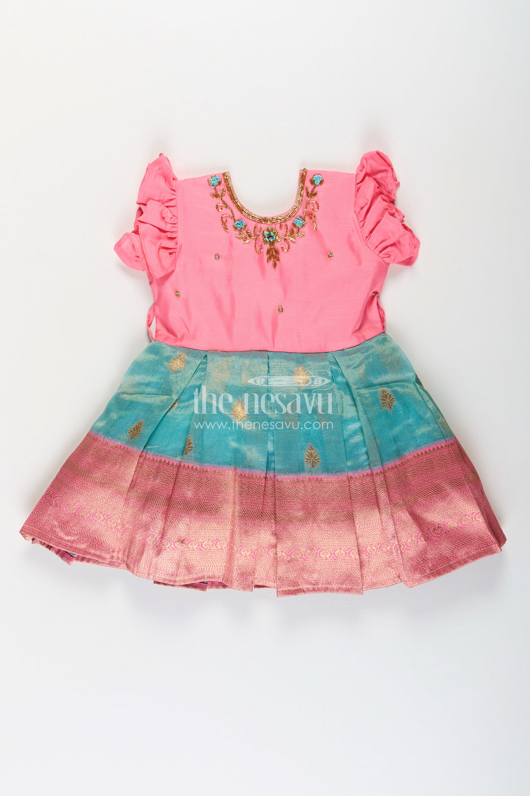 The Nesavu Silk Party Frock Girls Baptism Dresses in Pink and Teal with Gold Zari Pleats and Designer Neck Embroidery Nesavu Girls Silk Baptism Dresses Near Me Pink Teal Zari Pleated Skirt Embroidery | The Nesavu
