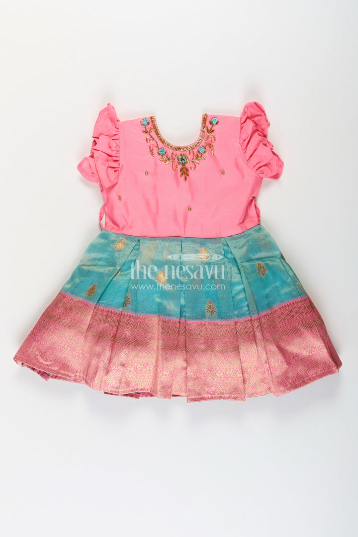 The Nesavu Silk Party Frock Girls Baptism Dresses in Pink and Teal with Gold Zari Pleats and Designer Neck Embroidery Nesavu Girls Silk Baptism Dresses Near Me Pink Teal Zari Pleated Skirt Embroidery | The Nesavu