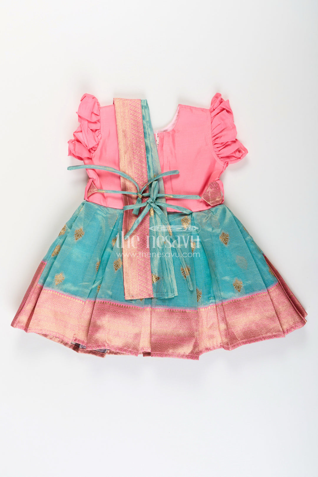 The Nesavu Silk Party Frock Girls Baptism Dresses in Pink and Teal with Gold Zari Pleats and Designer Neck Embroidery Nesavu Girls Silk Baptism Dresses Near Me Pink Teal Zari Pleated Skirt Embroidery | The Nesavu