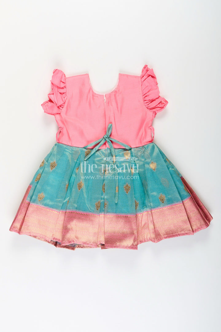 The Nesavu Silk Party Frock Girls Baptism Dresses in Pink and Teal with Gold Zari Pleats and Designer Neck Embroidery Nesavu Girls Silk Baptism Dresses Near Me Pink Teal Zari Pleated Skirt Embroidery | The Nesavu