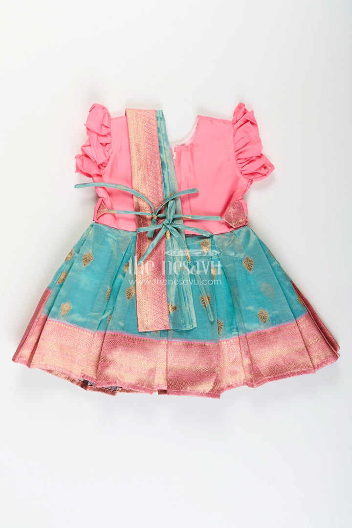 The Nesavu Silk Party Frock Girls Baptism Dresses in Pink and Teal with Gold Zari Pleats and Designer Neck Embroidery Nesavu Girls Silk Baptism Dresses Near Me Pink Teal Zari Pleated Skirt Embroidery | The Nesavu