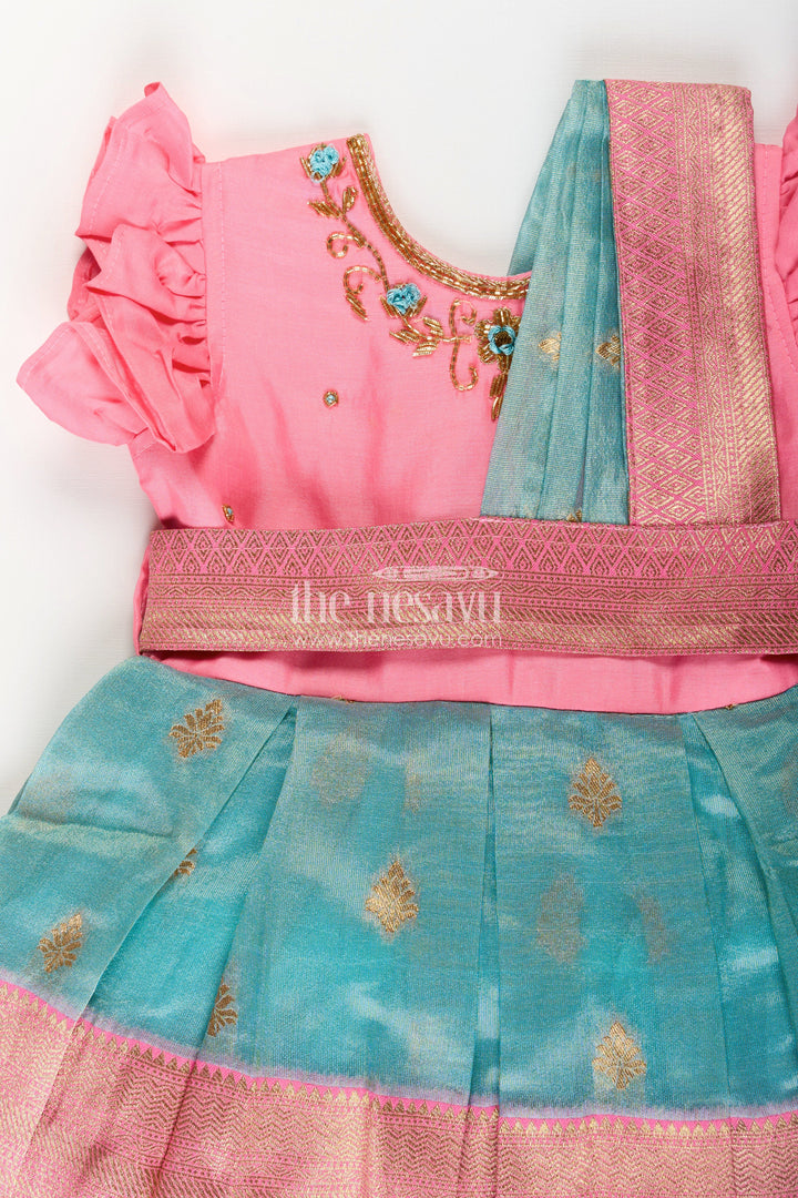 The Nesavu Silk Party Frock Girls Baptism Dresses in Pink and Teal with Gold Zari Pleats and Designer Neck Embroidery Nesavu Girls Silk Baptism Dresses Near Me Pink Teal Zari Pleated Skirt Embroidery | The Nesavu