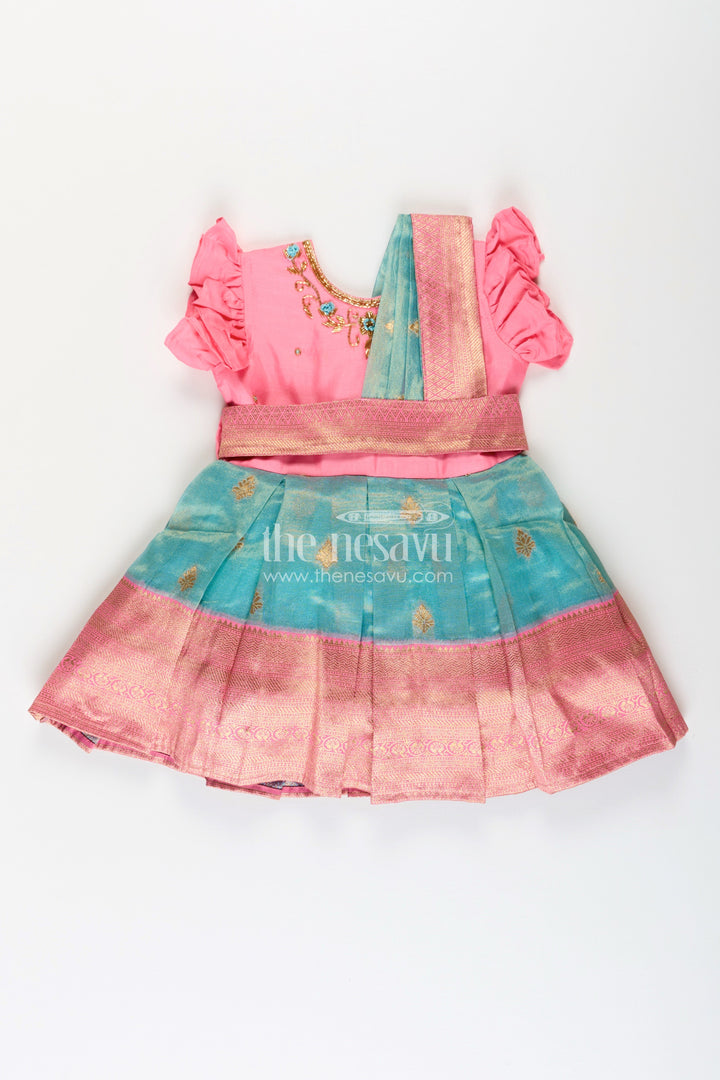 The Nesavu Silk Party Frock Girls Baptism Dresses in Pink and Teal with Gold Zari Pleats and Designer Neck Embroidery Nesavu Girls Silk Baptism Dresses Near Me Pink Teal Zari Pleated Skirt Embroidery | The Nesavu