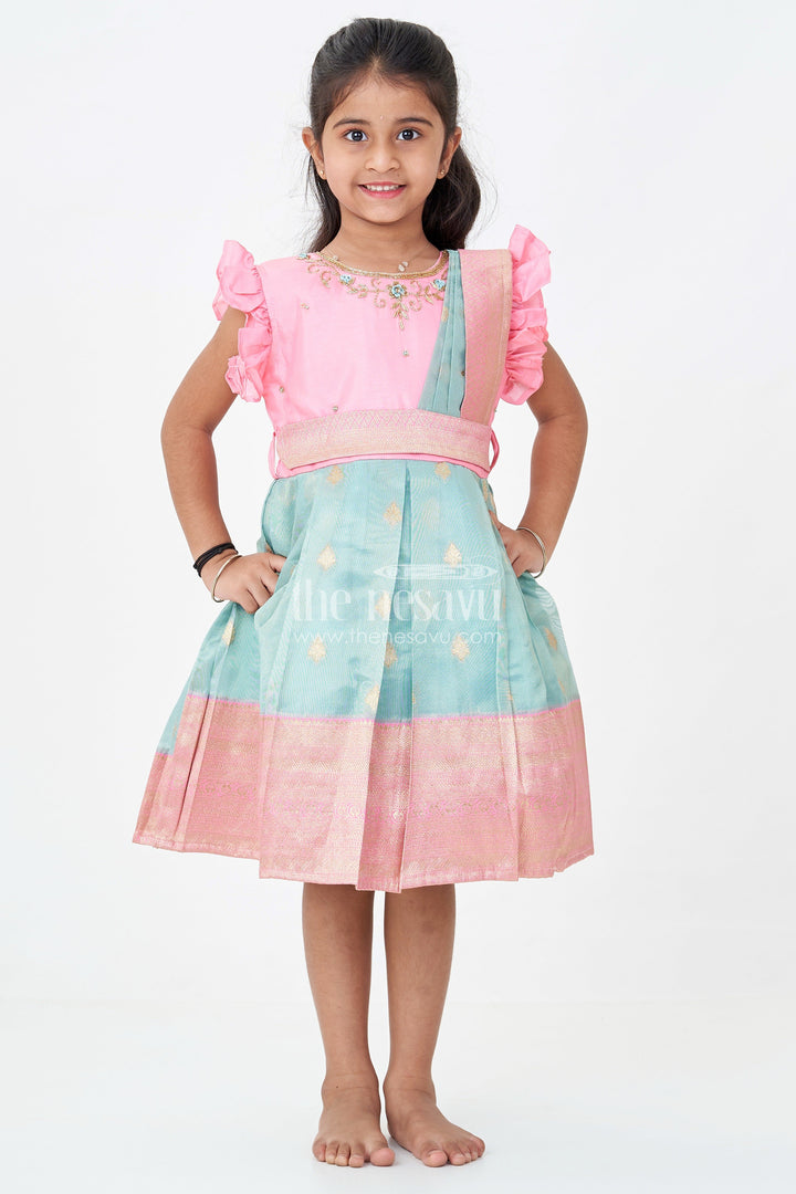 The Nesavu Silk Party Frock Girls Baptism Dresses in Pink and Teal with Gold Zari Pleats and Designer Neck Embroidery Nesavu Girls Silk Baptism Dresses Near Me Pink Teal Zari Pleated Skirt Embroidery | The Nesavu